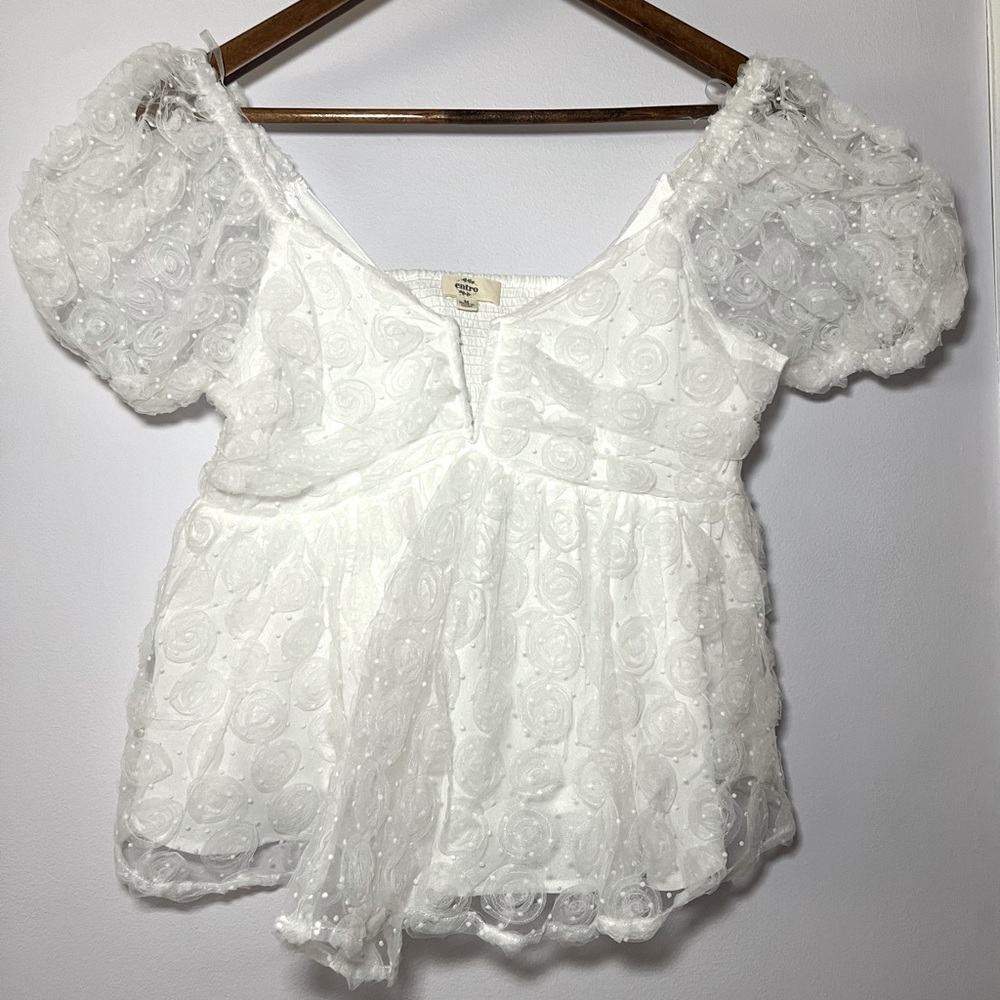 White Flower Appliqué Sheer Top